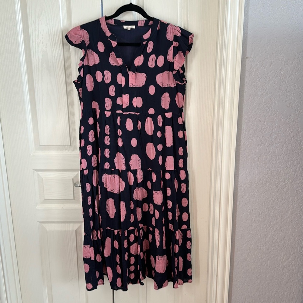 Navy blue cotton dress with mauve dots